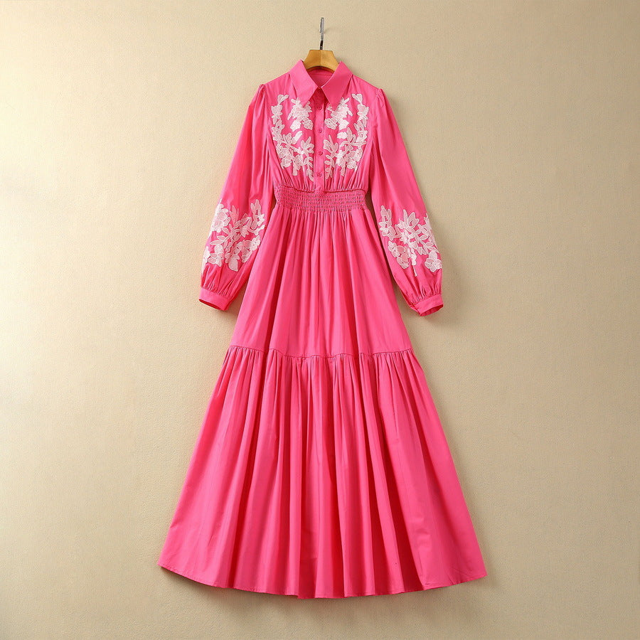 Cotton Embroidery Lapel Elastic Waist Long Sleeve Dress