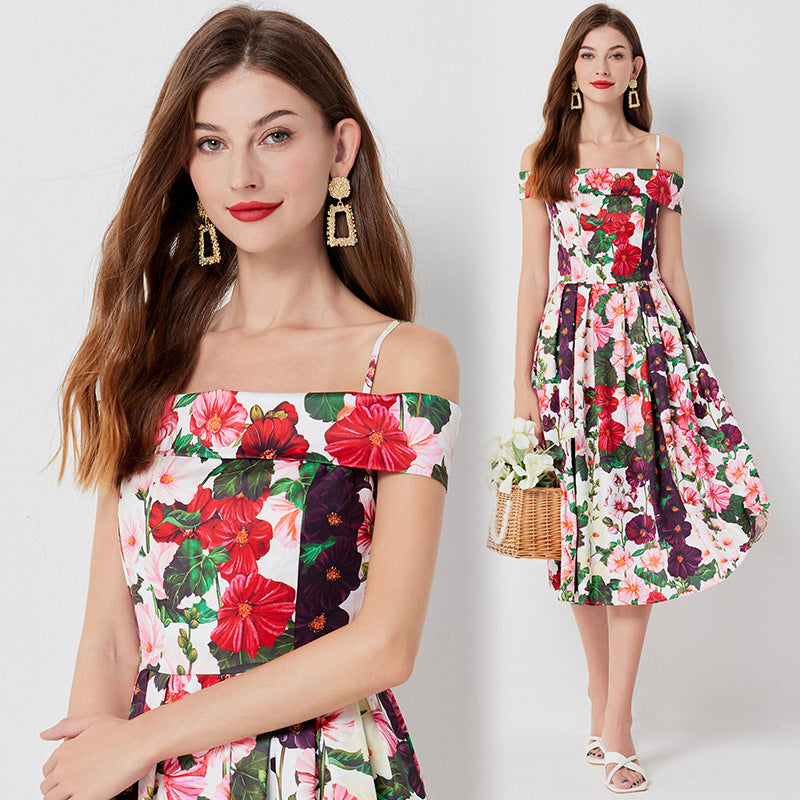 Floral-print Off-shoulder Sling Dress