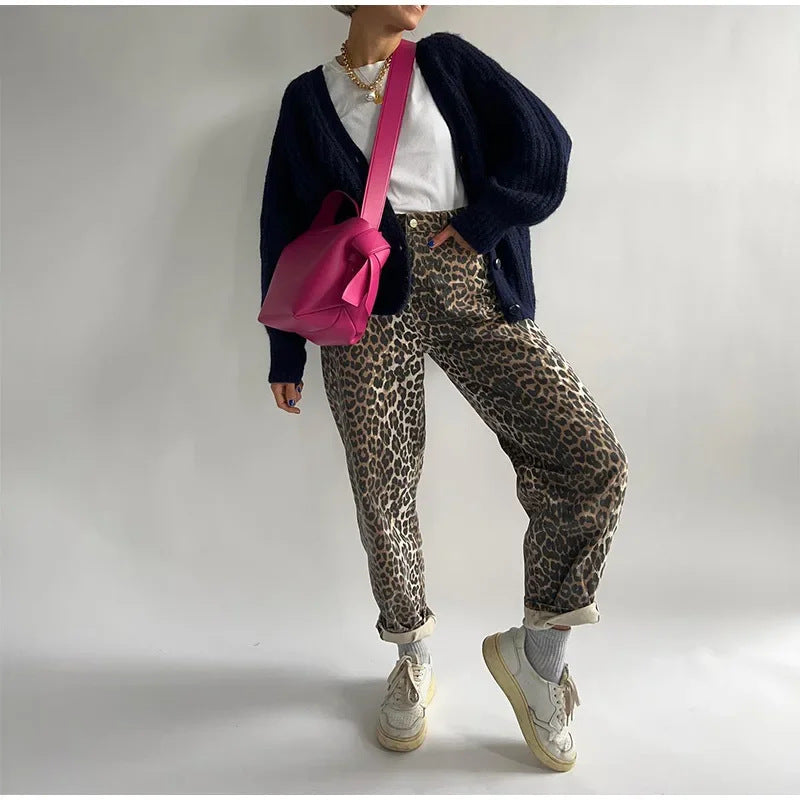 Women's Street Retro Printed Leopard Print Wide-leg Pants