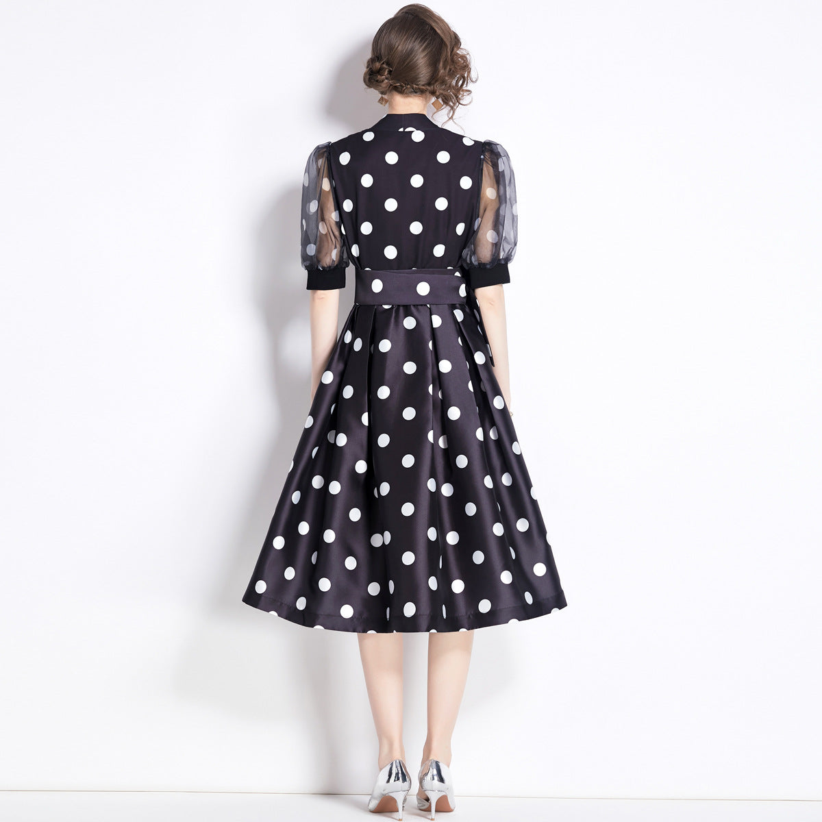 Französisches tailliertes Polka Dots-Kleid 1-Sinn Langer Rock