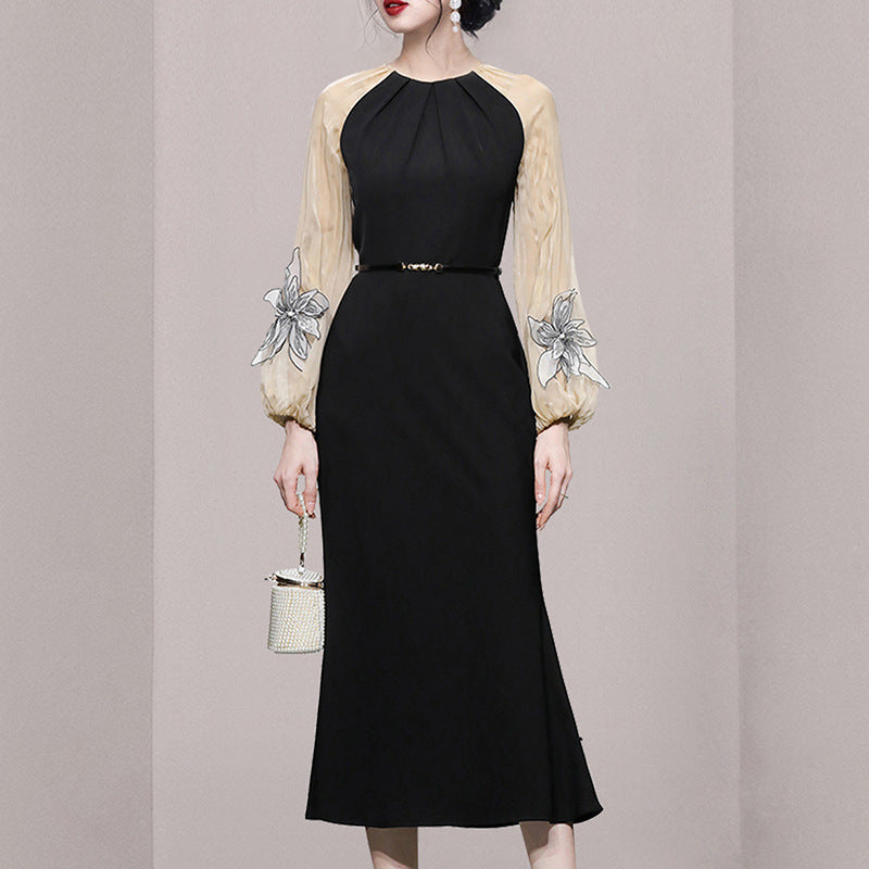 Elegant Contrast Color Lantern Sleeve Slim Fit Waist-controlled Slimming Black Dress