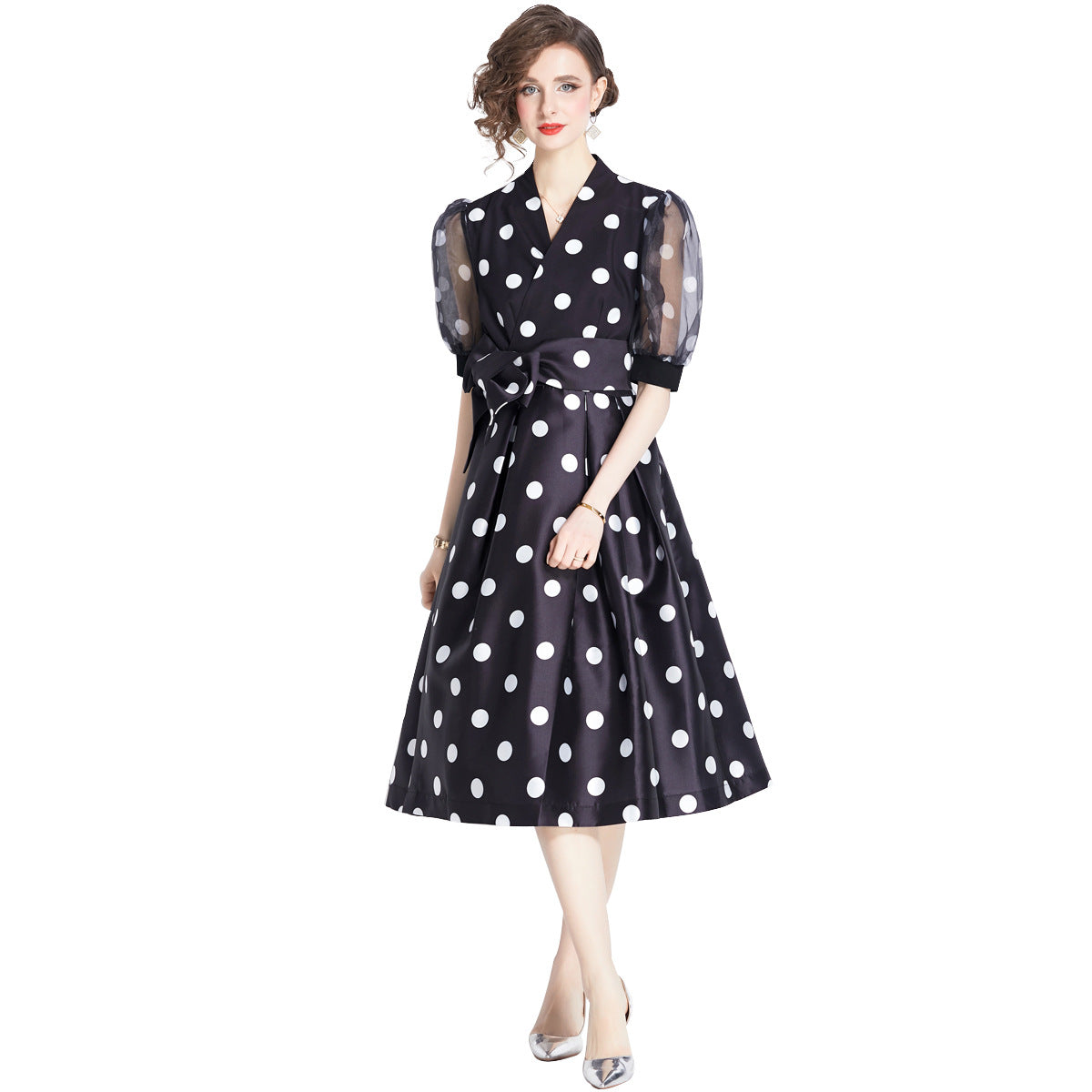 Französisches tailliertes Polka Dots-Kleid 1-Sinn Langer Rock