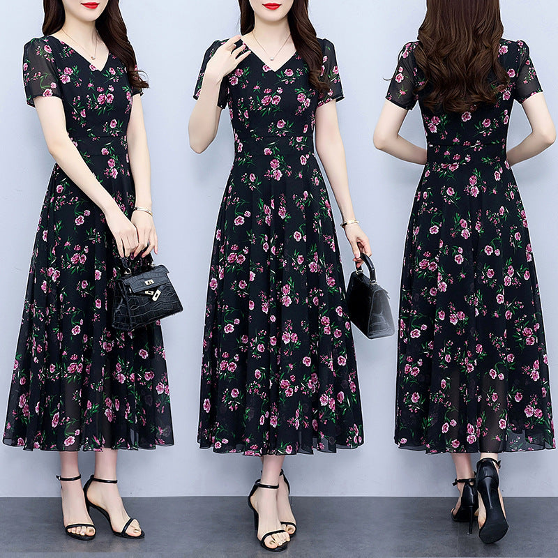 Chiffon Floral Dress Plus Size Plump Girls Waist-tight