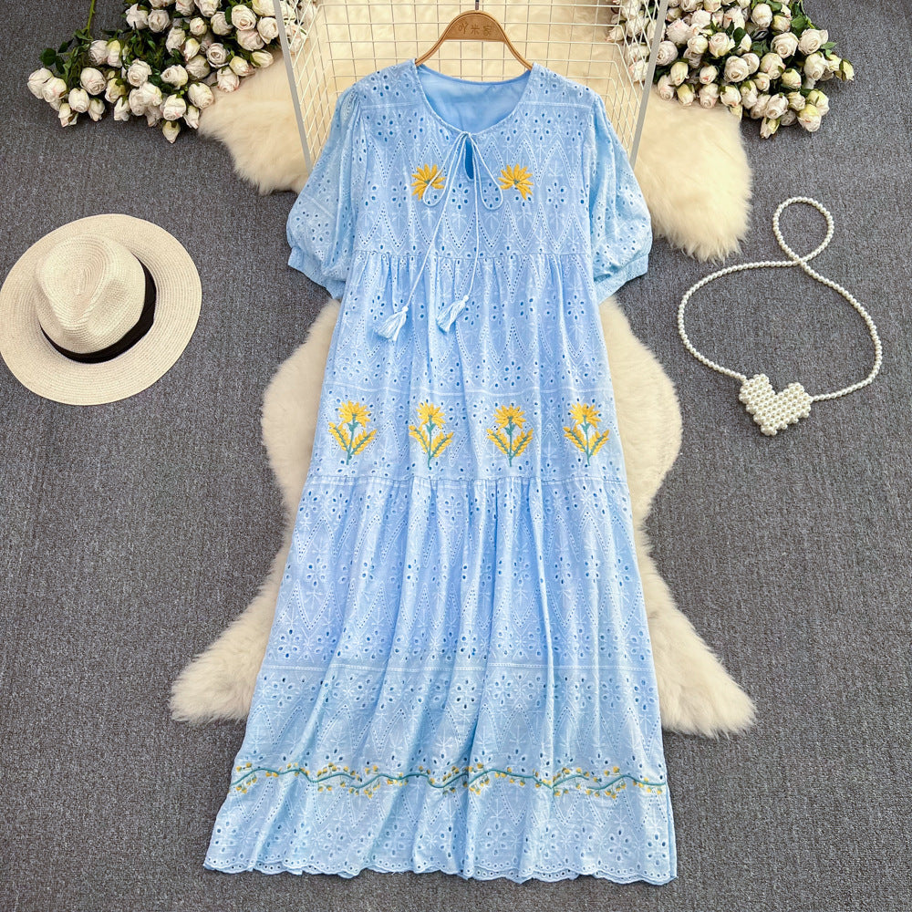 Sweet Puff Short Sleeve Round Neck Hollow Embroidery Dress