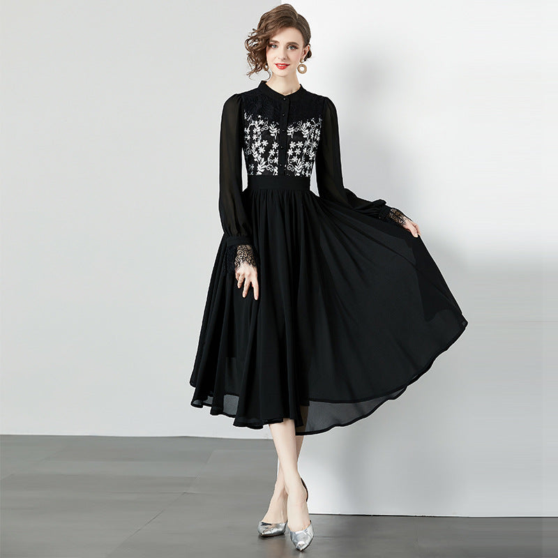 Herbst und Winter Französisches schwarzes Spitzenkleid