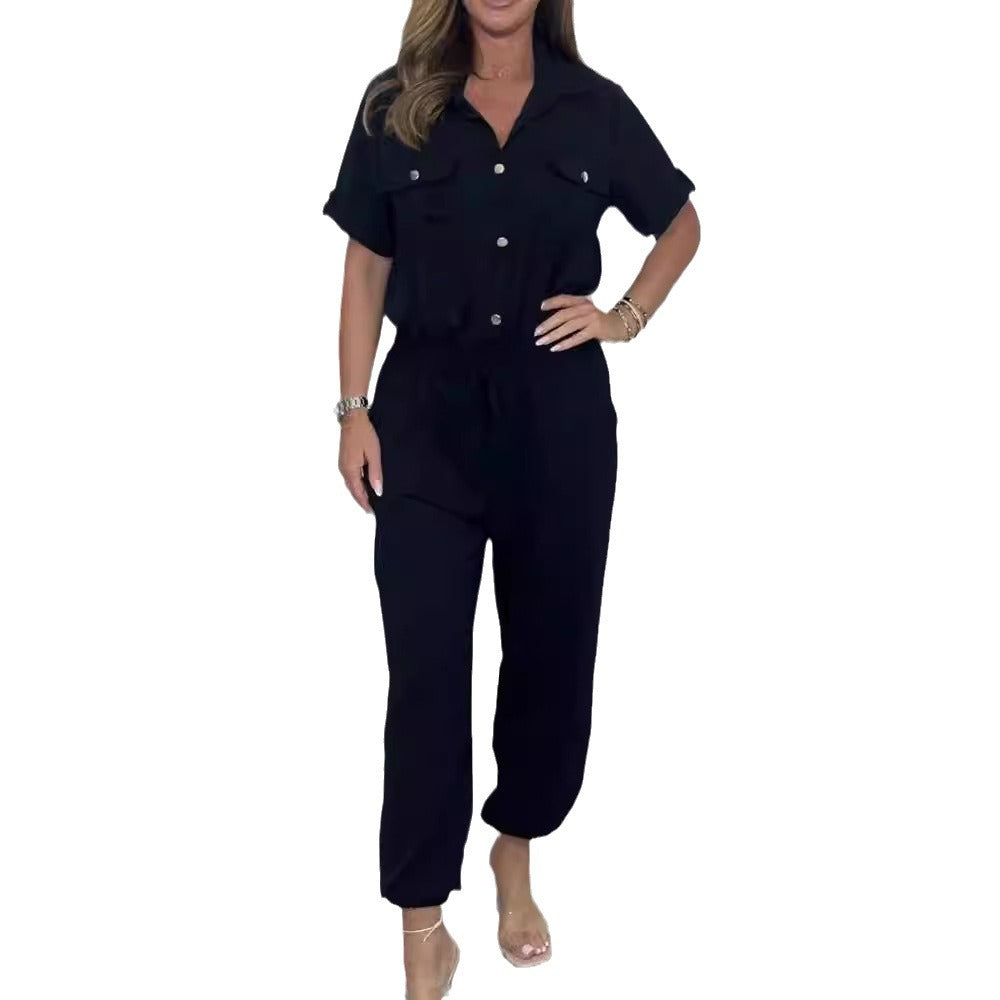 All-Match-Einfarbiger Casual Polokragen Shirt Weites Bein Jumpsuit Für Damen