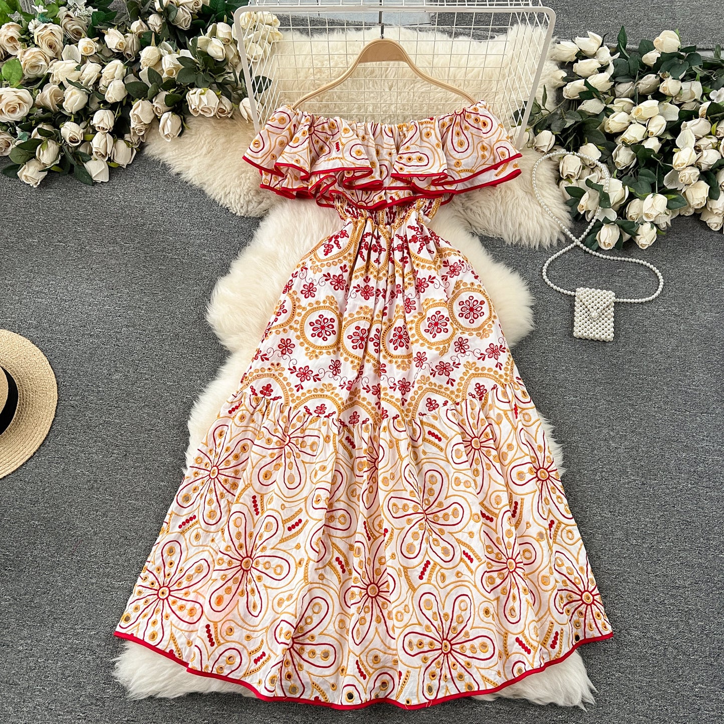 Bohemian Retro Machine Embroidery Ruffled Dress