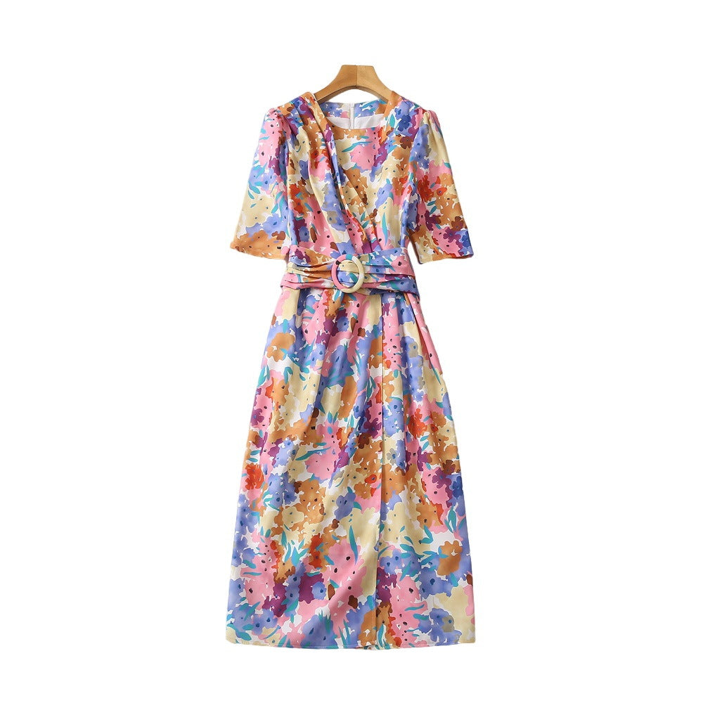 Hemp Printing Irregular Dress Women