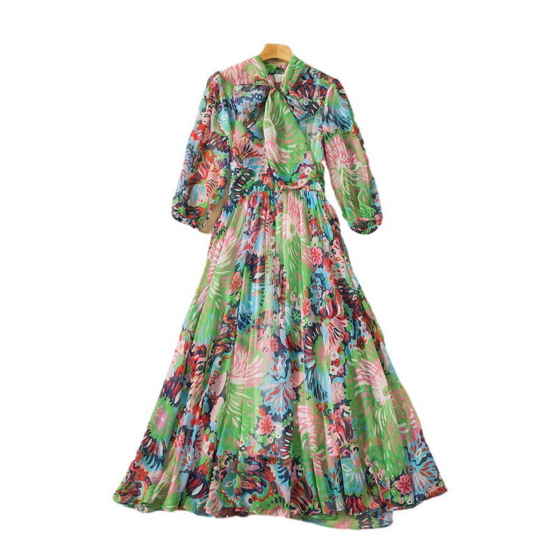 Chiffon Big Swing Tie-neck Floral Print Dress