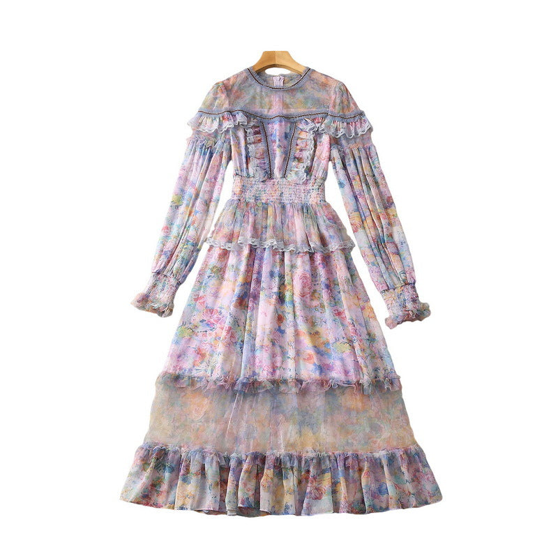 Smok-Kleid mit elastischer Taille und Voile-Print, superlange Ärmel