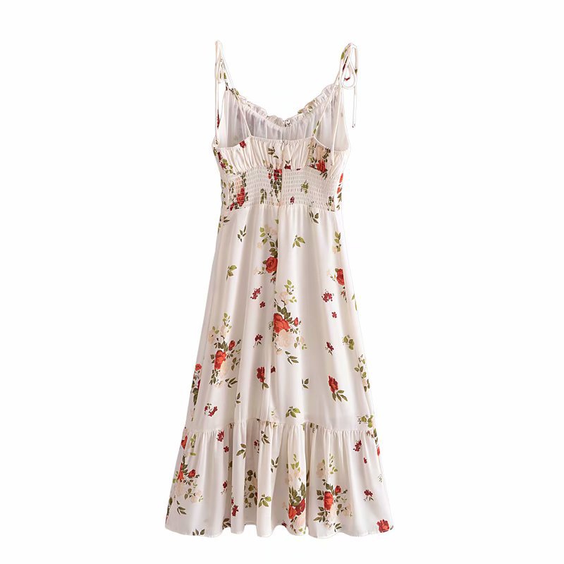 French Retro Printed V-neck Waist Trimming Spaghetti Straps Dress