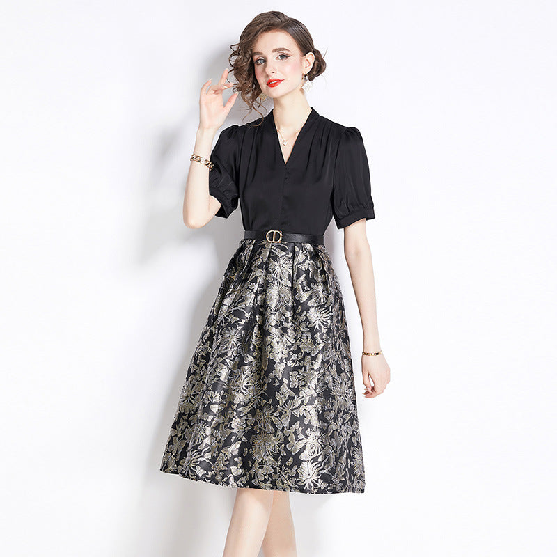 Elegant V-neck Jacquard Dress Women