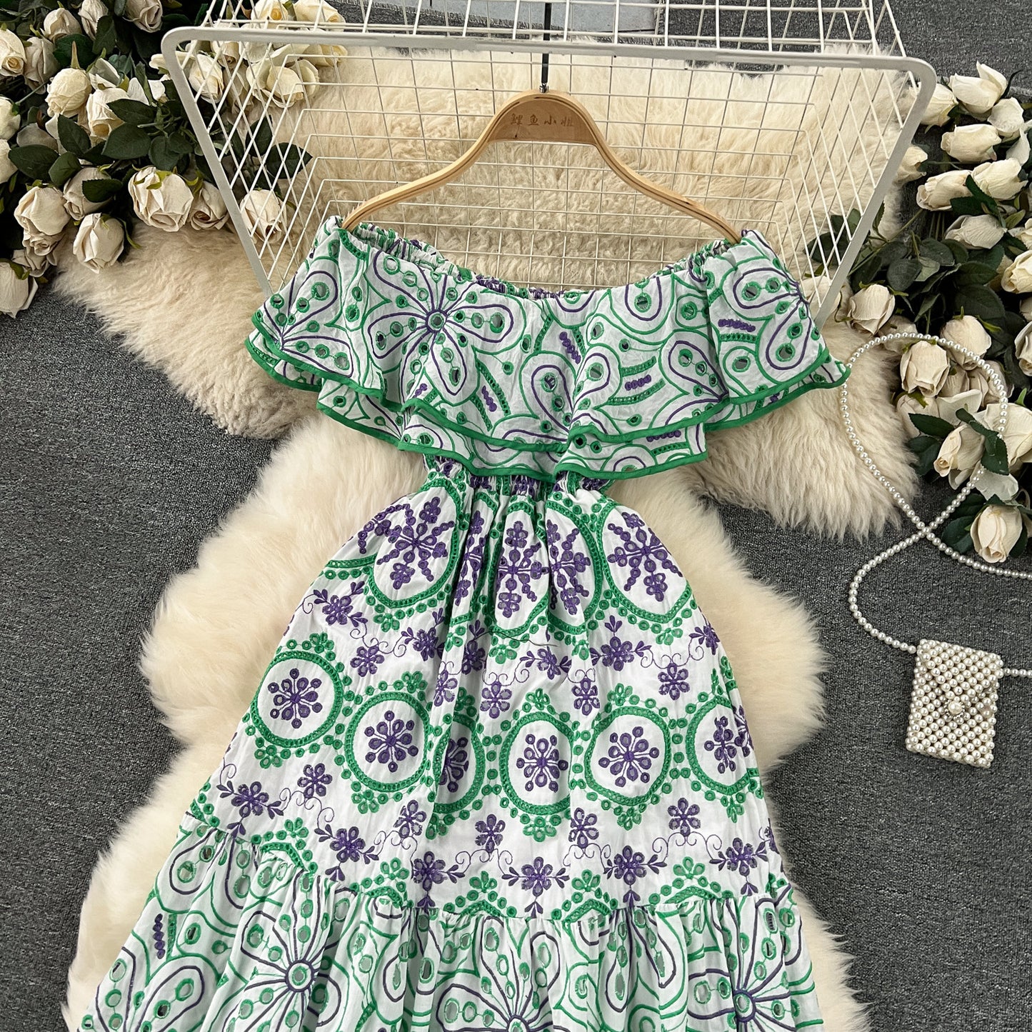 Bohemian Retro Machine Embroidery Ruffled Dress