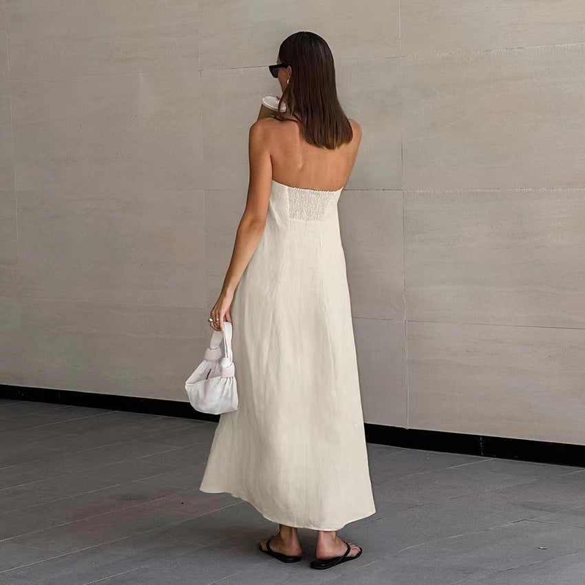 Solid Color Cotton And Linen Tube Top High Waist Backless Dress