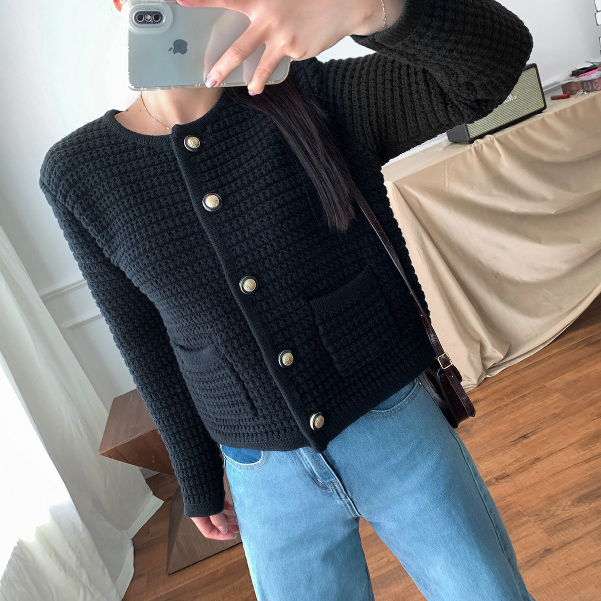 Mantel im klassischen Stil Eleganter einreihiger Baumwollpullover Damen Ananas Pin Top