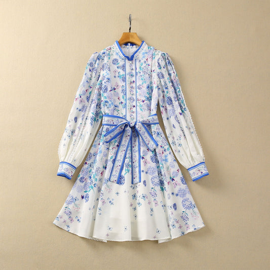 Diamond-embedded Water Soluble Ruffled Stand-up Collar Long-sleeved Dress