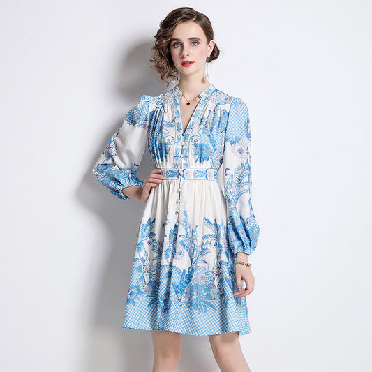 French Socialite Elegance Retro Printed Lantern Sleeve V-neck Waist-tight Dress