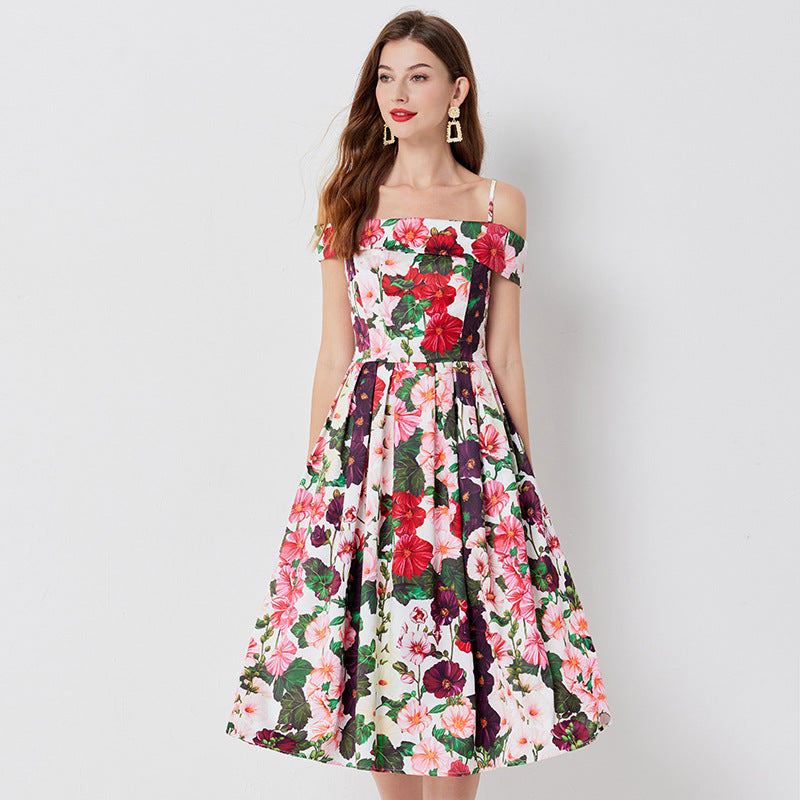 Schulterfreies Sling-Kleid mit Blumenprint