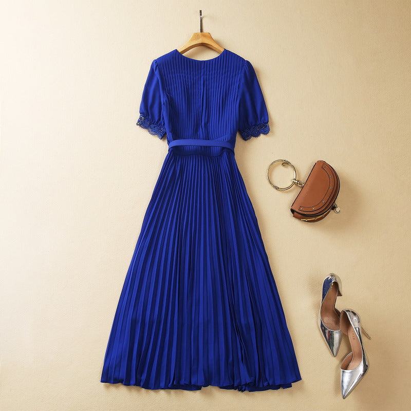 Heavy-duty Pleated Lace V-neck High Waist Chiffon Dress