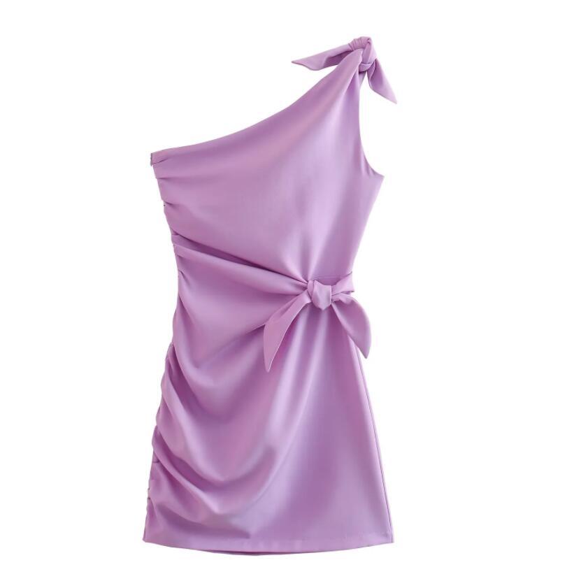 Women's Fashion Casual Diagonal Collar One Shoulder Bow Tie Pleated Asymmetric Slim Fit Dress