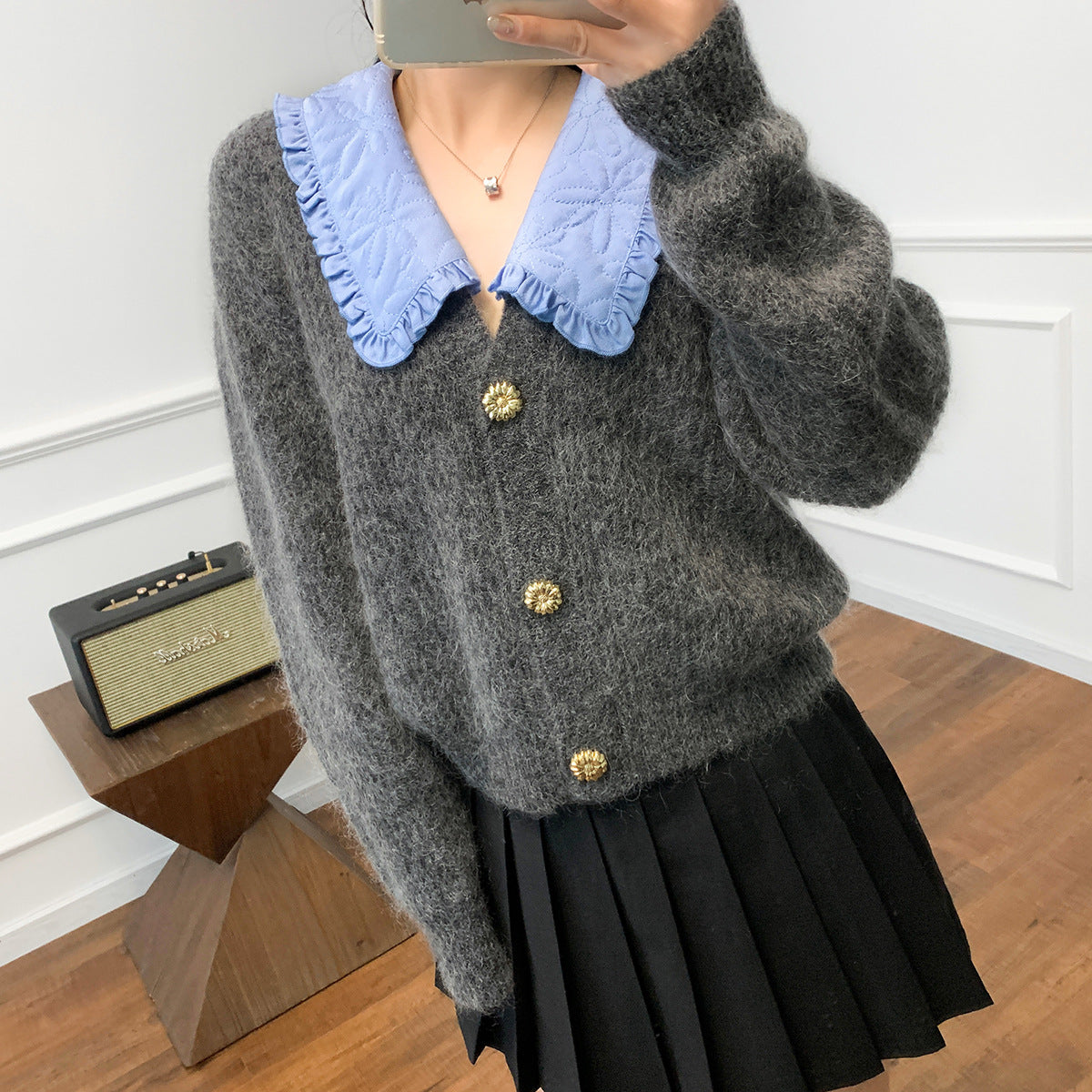 French Sweet Relaxed-fit Doll Collar Knitted Coat Detachable Collar