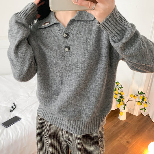 Grauer, eleganter Pullover mit Polokragen, langärmeliger Pullover mit Igel-Stickerei