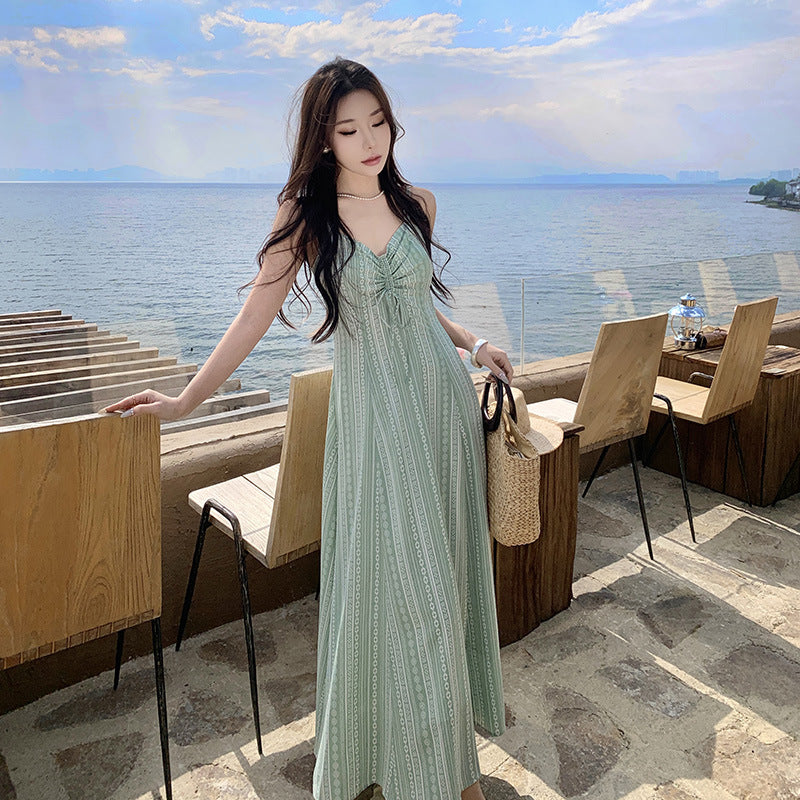 Vacation Style Light Green Printing Slip Dress