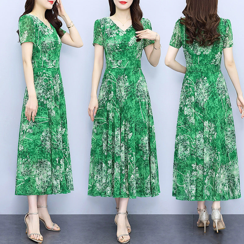 Spring And Autumn Chiffon Floral Dress