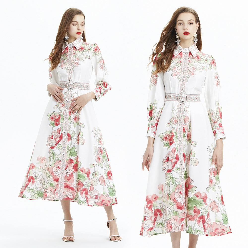 Vacation Style Blouse Collar Floral Print Long Sleeve Waist Single Breasted Ruffled Long Dress