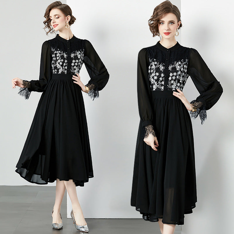 Autumn And Winter French Black Lace Dress