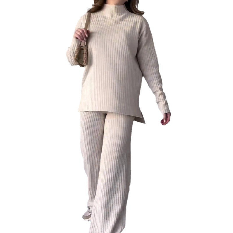 Crew Neck Casual Knitwear Wide Leg Pants Two-piece Set