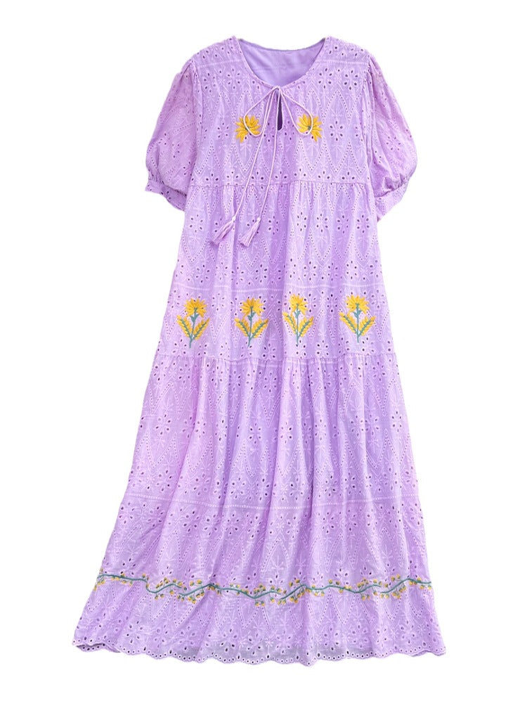 Sweet Puff Short Sleeve Round Neck Hollow Embroidery Dress