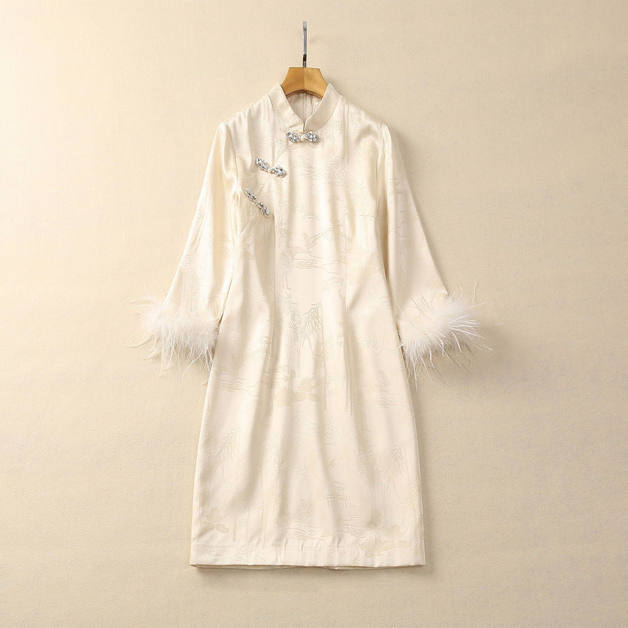 Feather Three-quarter Sleeve Stand Collar Rhinestone Frog Button Dress