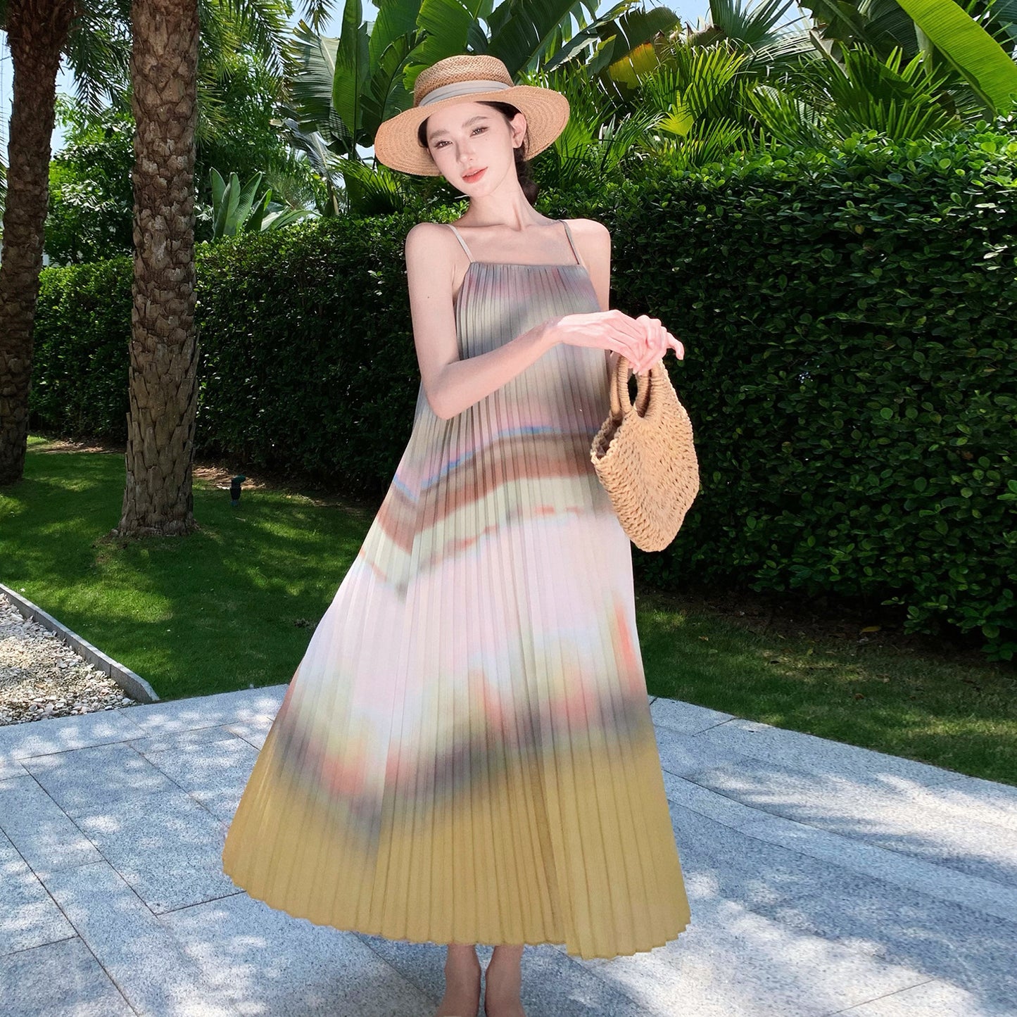 Tea Break – Französisches Sling-Kleid mit Retro-Farbverlauf und Plissierung