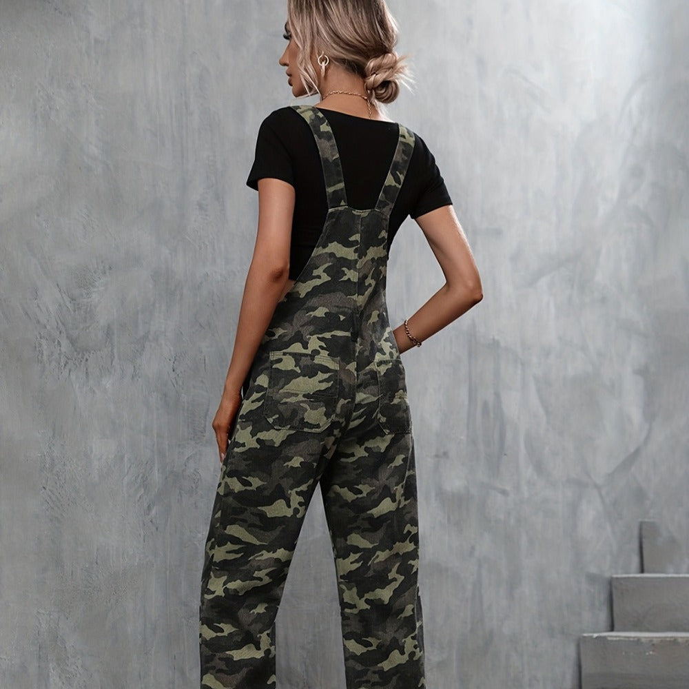 Women's Street Camouflage Large Pocket Straight-leg Denim Suspender Pants