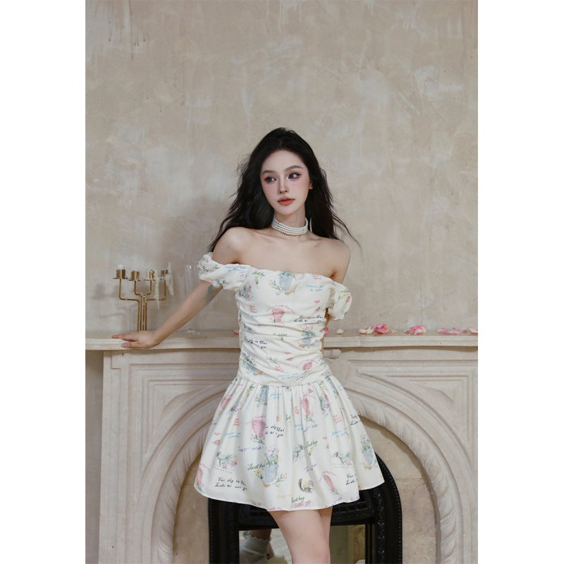 Design Letter Floral Floral-print Off-shoulder Pleated Dress