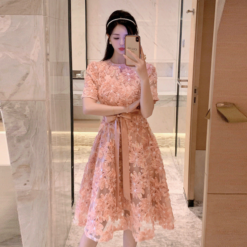 Heavy Embroidery Sequins Three-dimensional Flower French Style Temperament Slimming Floral Dress