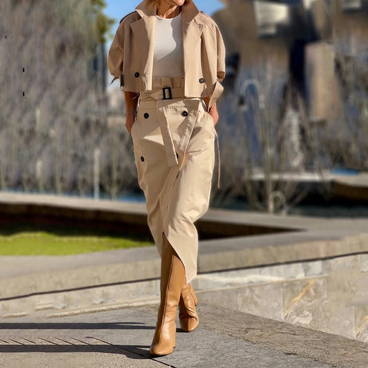 Falda de traje con cinturón y botones elegante, ropa de trabajo de ocio europea y americana