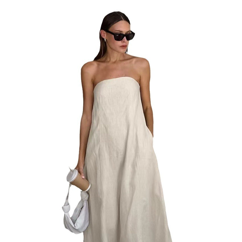 Solid Color Cotton And Linen Tube Top High Waist Backless Dress
