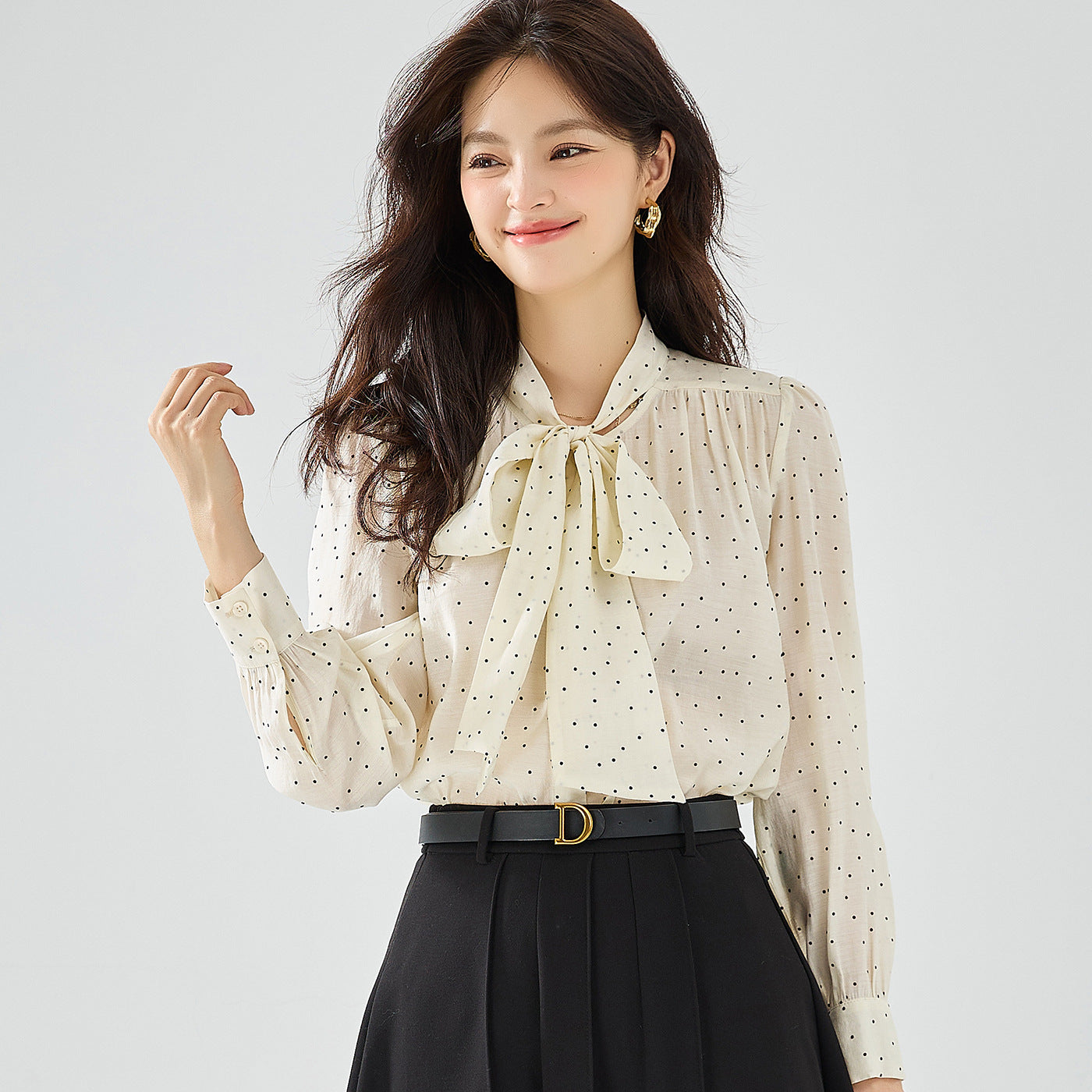 All-match Polka Dot Shirt Bow Streamer Long Sleeve