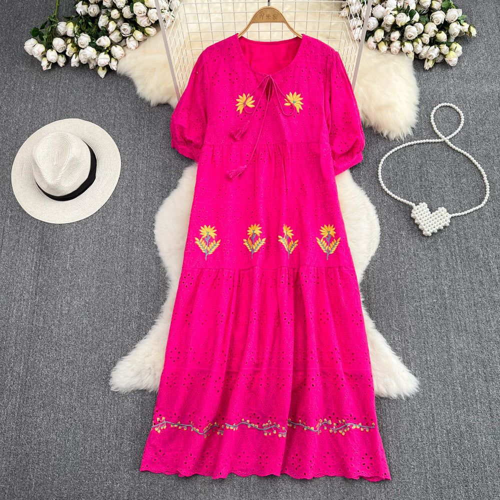 Sweet Puff Short Sleeve Round Neck Hollow Embroidery Dress