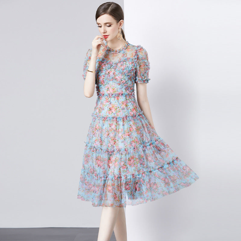 Heavy Industry Net Yarn Green Emerald Printed Dress