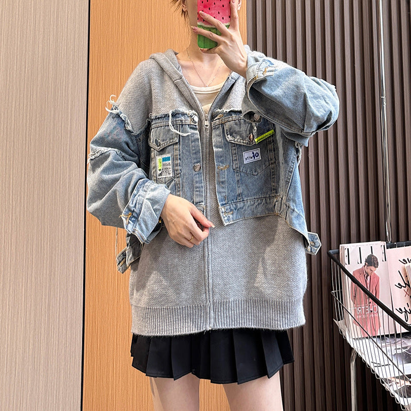 Denim Stitching Sweater Coat Women's Design Sense