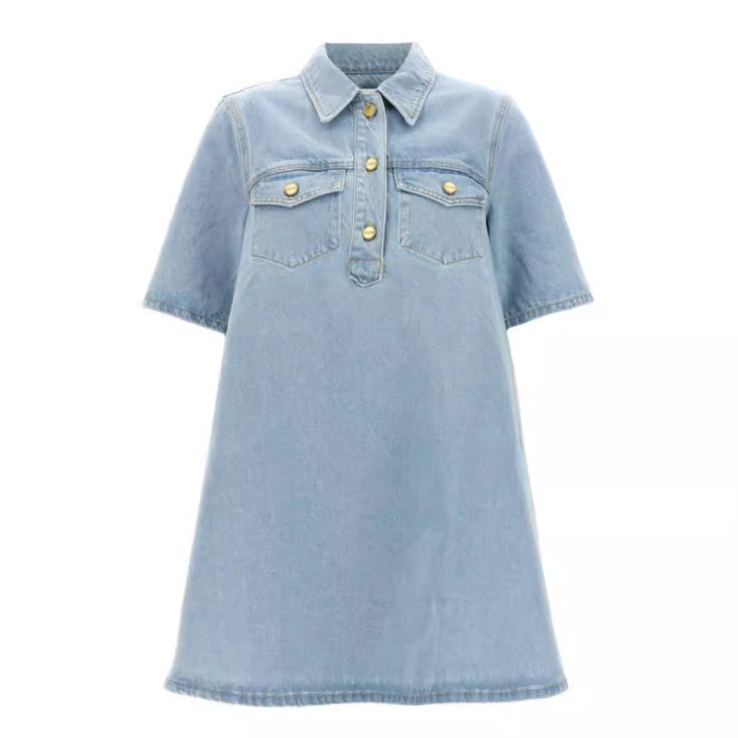 Blue Washed Short Sleeve Women's Denim Dress