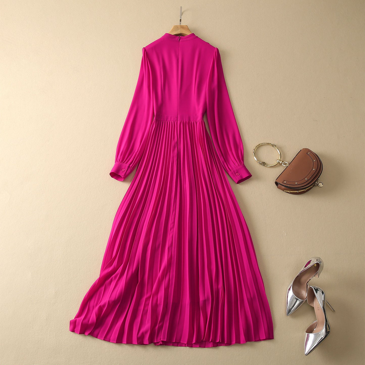 Small Stand Collar Fungus Pleated Long Sleeve Dress Women