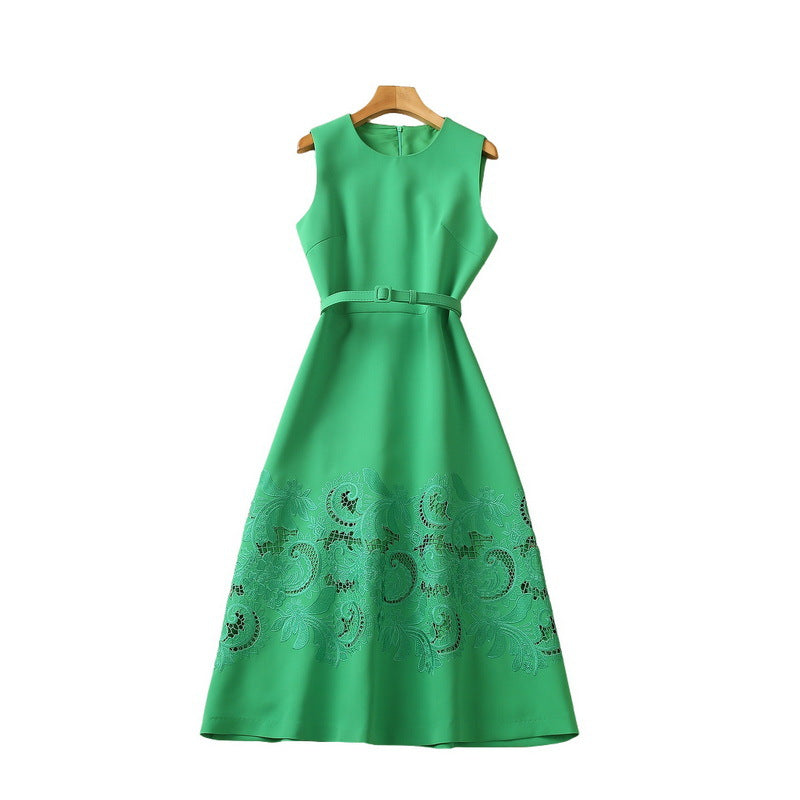 Exquisite Hollow-out Embroidery Flower Cinched Sleeveless Dress Women