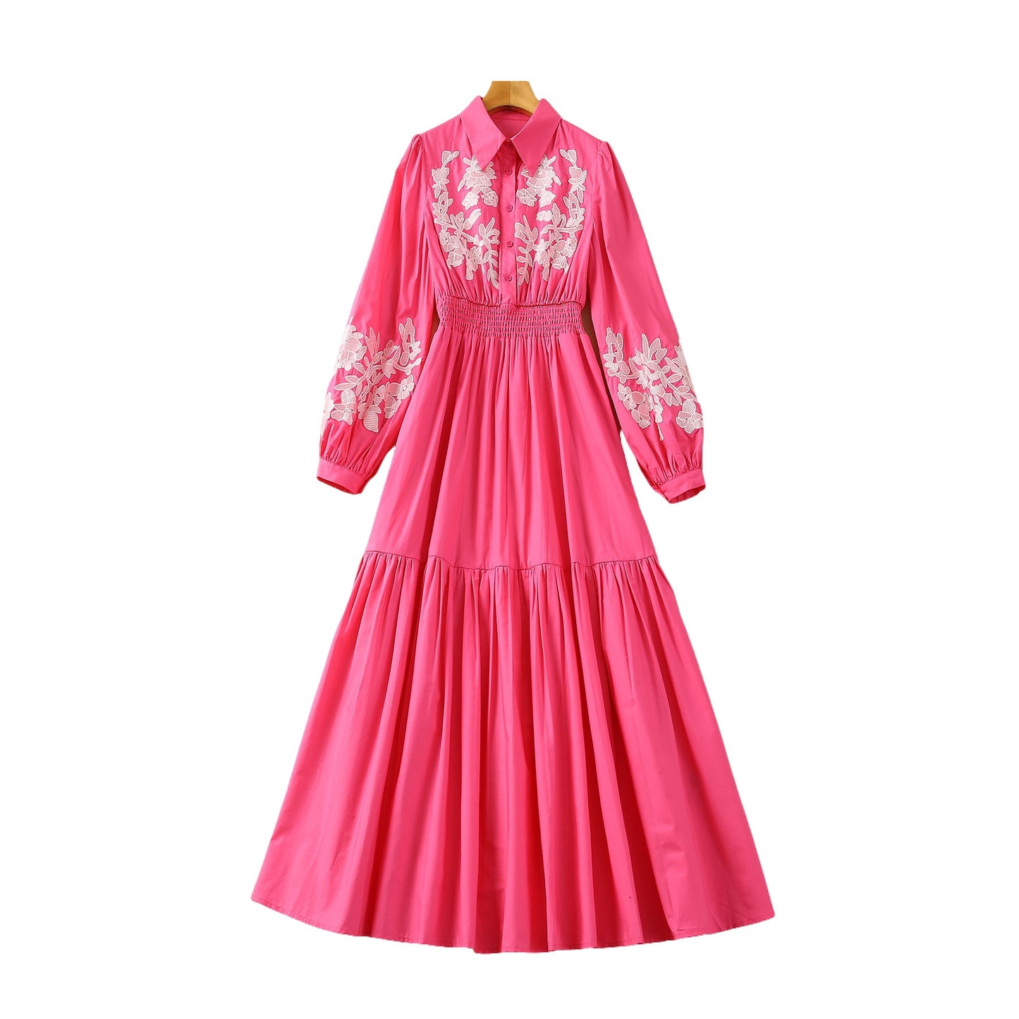 Cotton Embroidery Lapel Elastic Waist Long Sleeve Dress