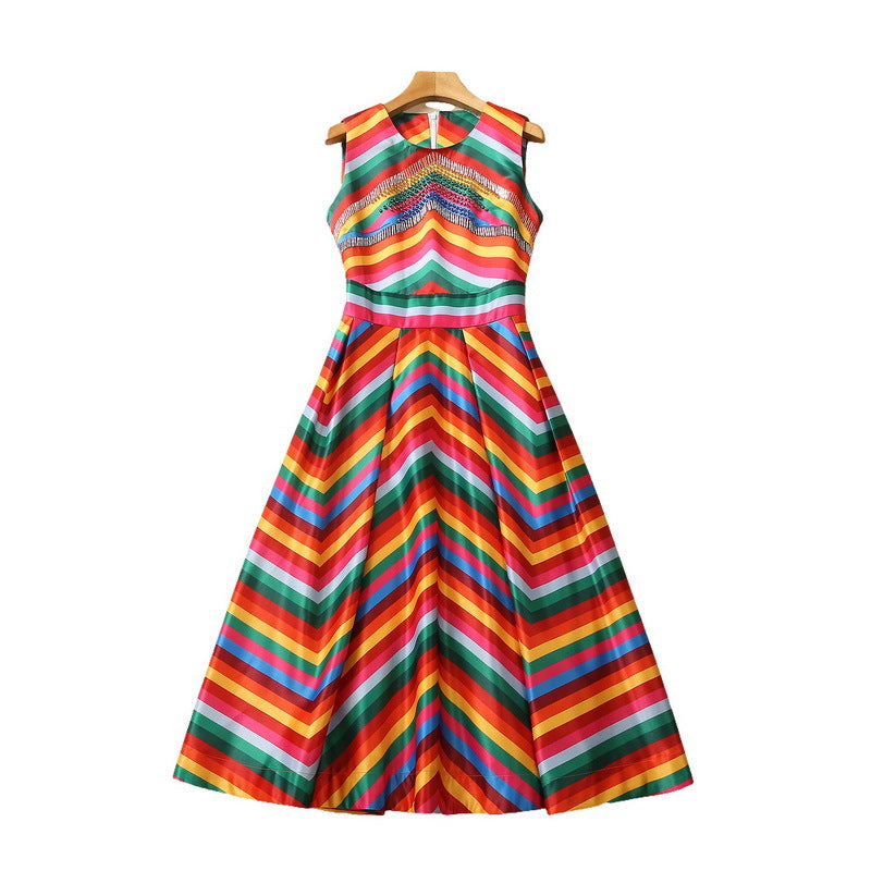 Heavy Industry Bead Tube Rhinestone Rainbow Large Swing Dress