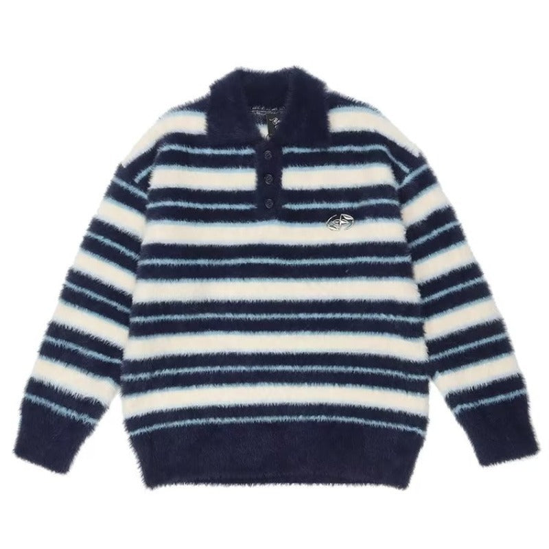 Soft Glutinous Polo Collar Stripes Sweater