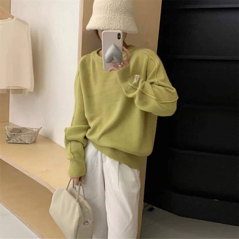Women's Solid Color Round Neck Knitted Bottoming Shirt